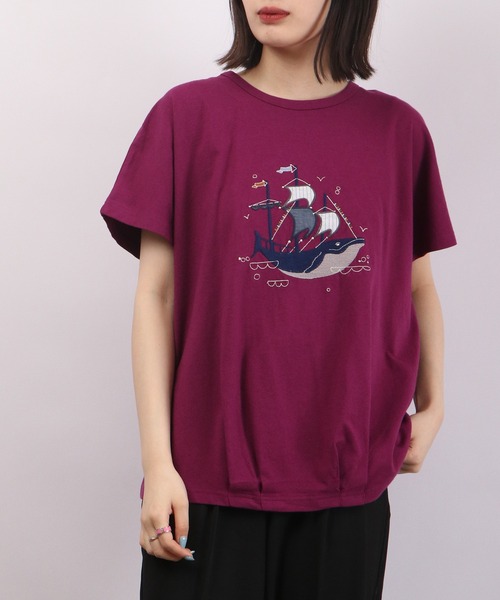tシャツ EMAGO くじらパッチワーク刺繍ドルマン半袖Tシャツ レディース Emago tシャツ EMAGO くじらパッチワーク刺繍ドルマン半袖T