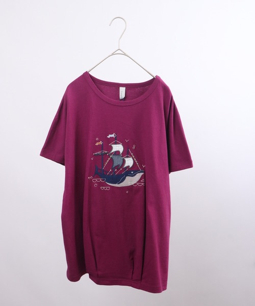 EMAGO くじらパッチワーク刺繍ドルマン半袖Tシャツ（Tシャツ