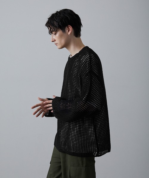 CLEL（クレイル）の「【CLEL】Watermark Knitting Loose Mesh Knit /透かし編み ルーズ メッシュニット（ニット/セーター・メンズ・ブラック系/グレー/ブラック/ブラウン・S/M/L/XS）」の14枚目の写真