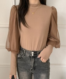 ECLIN | 袖ボリュウームチュールドッキングハイネックカットソー(Tシャツ/カットソー)