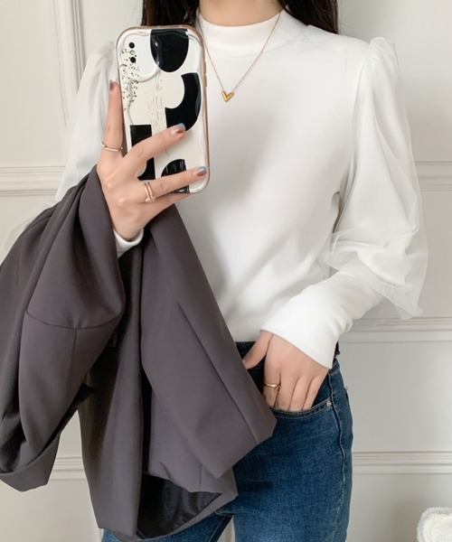 ECLIN(エクラン)の「袖ボリュウームチュールドッキングハイネックカットソー(Tシャツ/カットソー・レディース・ホワイト/ブラック/モカ・M/L/XL)」の17枚目の写真