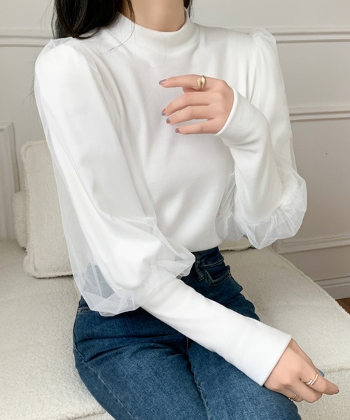 ECLIN(エクラン)の「袖ボリュウームチュールドッキングハイネックカットソー(Tシャツ/カットソー・レディース・ホワイト/ブラック/モカ・M/L/XL)」の10枚目の写真