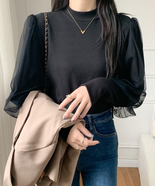 ECLIN(エクラン)の「袖ボリュウームチュールドッキングハイネックカットソー(Tシャツ/カットソー・レディース・ホワイト/ブラック/モカ・M/L/XL)」の15枚目の写真