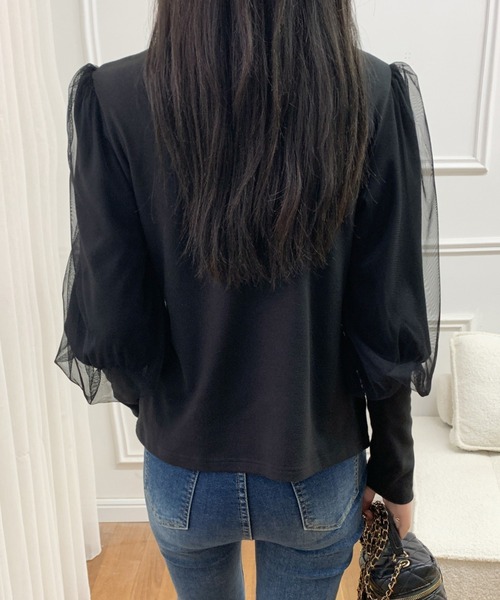 ECLIN(エクラン)の「袖ボリュウームチュールドッキングハイネックカットソー(Tシャツ/カットソー・レディース・ホワイト/ブラック/モカ・M/L/XL)」の4枚目の写真
