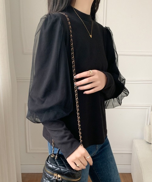 ECLIN(エクラン)の「袖ボリュウームチュールドッキングハイネックカットソー(Tシャツ/カットソー・レディース・ホワイト/ブラック/モカ・M/L/XL)」の20枚目の写真