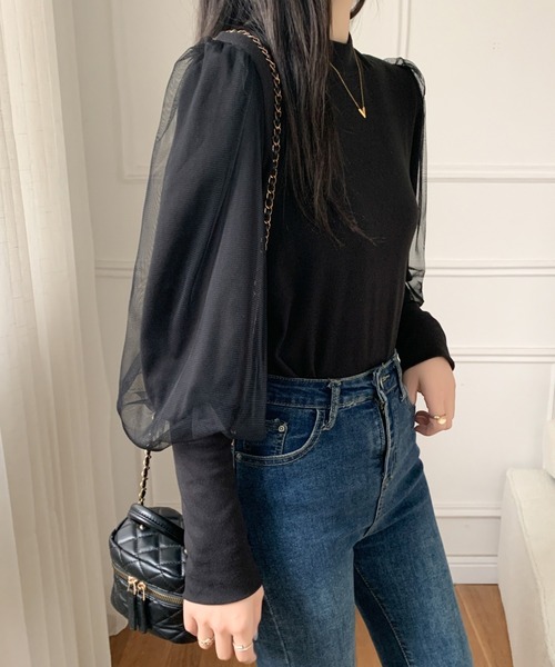 ECLIN(エクラン)の「袖ボリュウームチュールドッキングハイネックカットソー(Tシャツ/カットソー・レディース・ホワイト/ブラック/モカ・M/L/XL)」の8枚目の写真