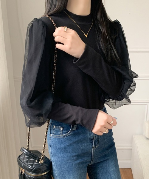 ECLIN(エクラン)の「袖ボリュウームチュールドッキングハイネックカットソー(Tシャツ/カットソー・レディース・ホワイト/ブラック/モカ・M/L/XL)」の13枚目の写真
