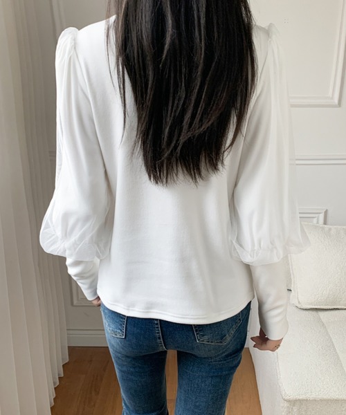 ECLIN(エクラン)の「袖ボリュウームチュールドッキングハイネックカットソー(Tシャツ/カットソー・レディース・ホワイト/ブラック/モカ・M/L/XL)」の18枚目の写真
