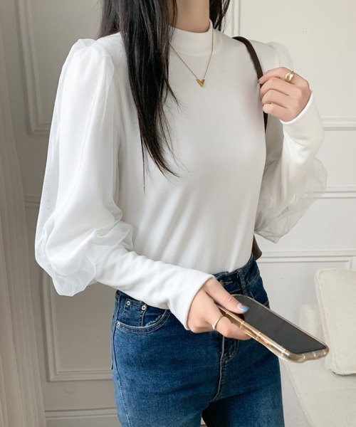 ECLIN(エクラン)の「袖ボリュウームチュールドッキングハイネックカットソー(Tシャツ/カットソー・レディース・ホワイト/ブラック/モカ・M/L/XL)」の11枚目の写真