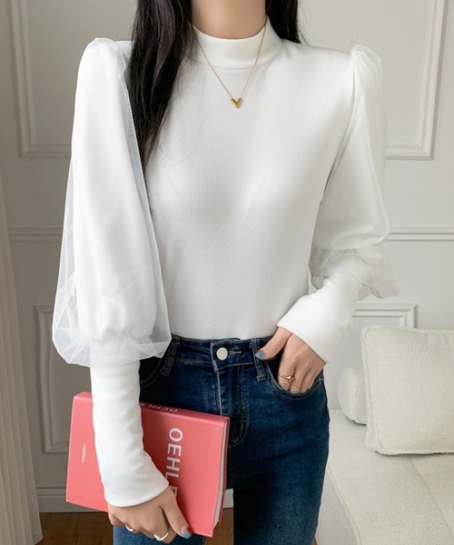 ECLIN(エクラン)の「袖ボリュウームチュールドッキングハイネックカットソー(Tシャツ/カットソー・レディース・ホワイト/ブラック/モカ・M/L/XL)」の7枚目の写真