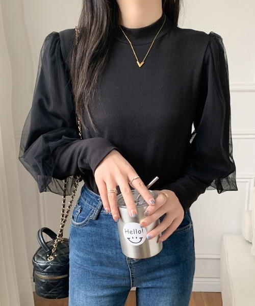 ECLIN(エクラン)の「袖ボリュウームチュールドッキングハイネックカットソー(Tシャツ/カットソー・レディース・ホワイト/ブラック/モカ・M/L/XL)」の14枚目の写真