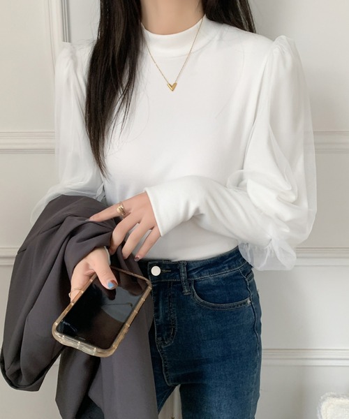 ECLIN(エクラン)の「袖ボリュウームチュールドッキングハイネックカットソー(Tシャツ/カットソー・レディース・ホワイト/ブラック/モカ・M/L/XL)」の12枚目の写真