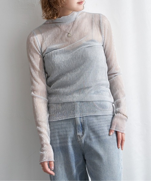 notch.(ノッチ)の「ラメプリーツシアートップス(Tシャツ/カットソー・レディース・シルバー/ブラック・M)」の1枚目の写真
