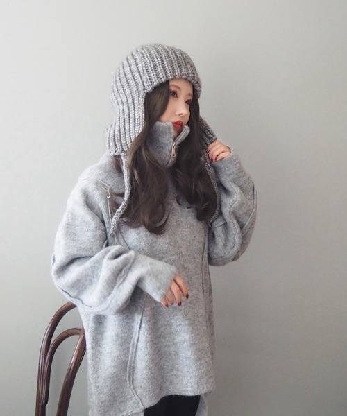 LAULEN（ローレン）の「rib knit flight cap（ニットキャップ/ビーニー・レディース・チャコールグレー/グレー/ベージュ・FREE）」の2枚目の写真