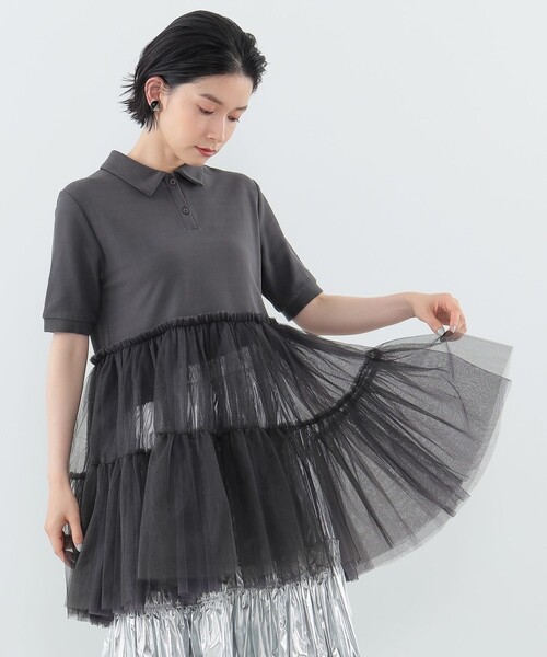 CAROLINA GLASER（カロリナ グレイサー）の「チュールシャツ（ポロシャツ・レディース・チャコールグレー/ホワイト・ONE SIZE）」の16枚目の写真