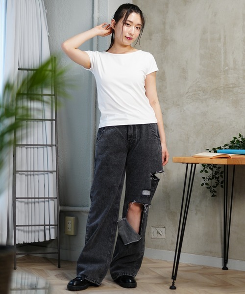 ムラサキスポーツ(ムラサキスポーツ)の「RIKKA FEMME/リッカファム ボートネックT RF24SS22(Tシャツ/カットソー・レディース・チャコールグレー/ホワイト・M/L/S/M)」の7枚目の写真