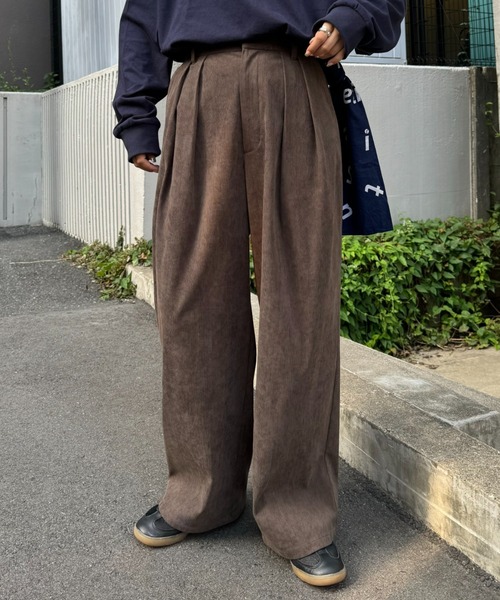 USED〈コーデュロイツータックスラックス ワイド ルーズ ブラウン 細畝〉 最 安値 価格ファッション - USED〈コーデュロイツータック