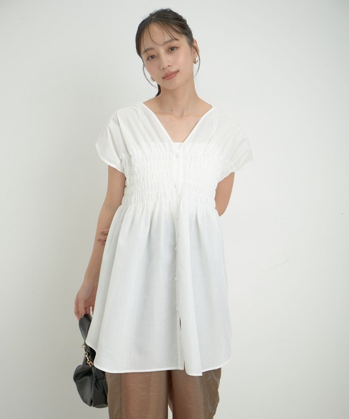 セール】【洗える】ゆるVネックシャーリングシャツブラウス