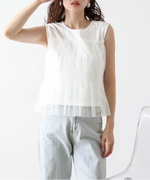 La-gemme(ラジェム)の「ビスチェ風チュールトップス(Tシャツ/カットソー・レディース・ホワイト×ブラック/ブラック/ホワイト・M/L)」の2枚目の写真