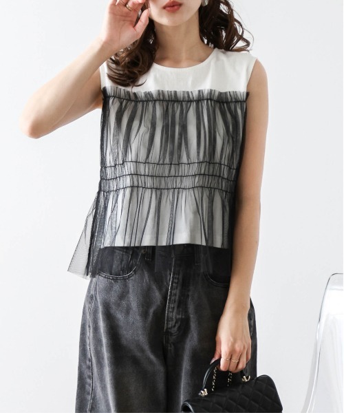La-gemme(ラジェム)の「ビスチェ風チュールトップス(Tシャツ/カットソー・レディース・ホワイト×ブラック/ブラック/ホワイト・M/L)」の21枚目の写真