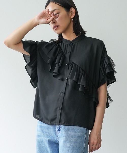 mili an deni（ミリアンデニ）の「ダブルフリルブラウス（シャツ/ブラウス・レディース・ブラック/オフホワイト/サックスブルー・M）」の3枚目の写真