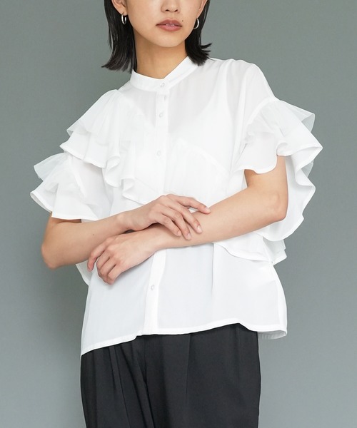 mili an deni（ミリアンデニ）の「ダブルフリルブラウス（シャツ/ブラウス・レディース・ブラック/オフホワイト/サックスブルー・M）」の10枚目の写真