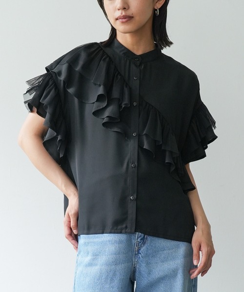 mili an deni（ミリアンデニ）の「ダブルフリルブラウス（シャツ/ブラウス・レディース・ブラック/オフホワイト/サックスブルー・M）」の15枚目の写真