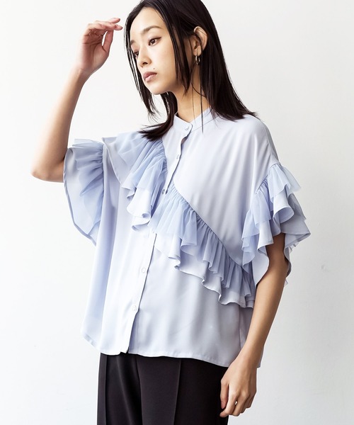 mili an deni（ミリアンデニ）の「ダブルフリルブラウス（シャツ/ブラウス・レディース・ブラック/オフホワイト/サックスブルー・M）」の5枚目の写真