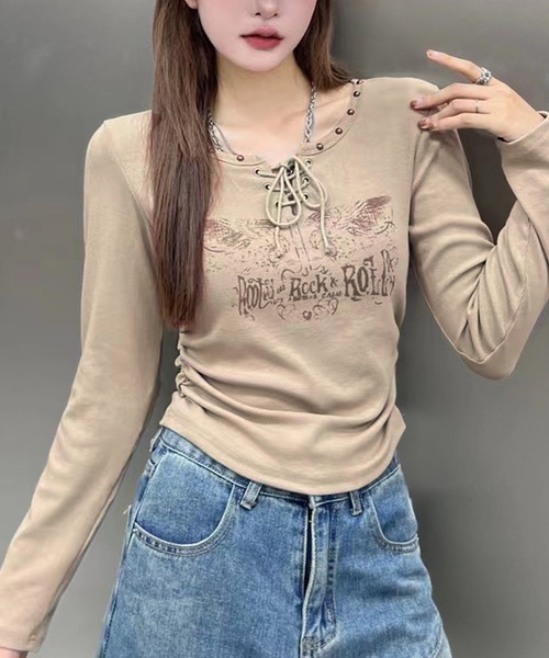 SpRay(スプレイ)の「イーグルプリントスピンドルロングTシャツ(Tシャツ/カットソー・レディース・ベージュ/ブラウン/アイボリー/ブラック/カーキ・FREE)」の5枚目の写真