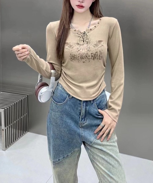 SpRay(スプレイ)の「イーグルプリントスピンドルロングTシャツ(Tシャツ/カットソー・レディース・ベージュ/ブラウン/アイボリー/ブラック/カーキ・FREE)」の6枚目の写真