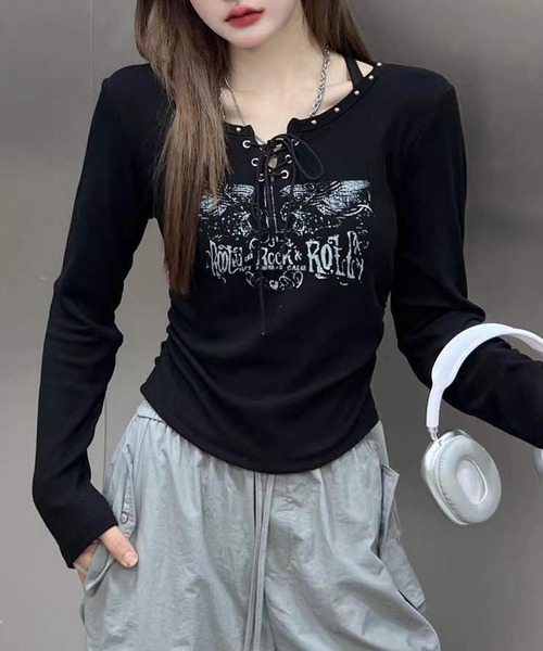 SpRay(スプレイ)の「イーグルプリントスピンドルロングTシャツ(Tシャツ/カットソー・レディース・ベージュ/ブラウン/アイボリー/ブラック/カーキ・FREE)」の7枚目の写真