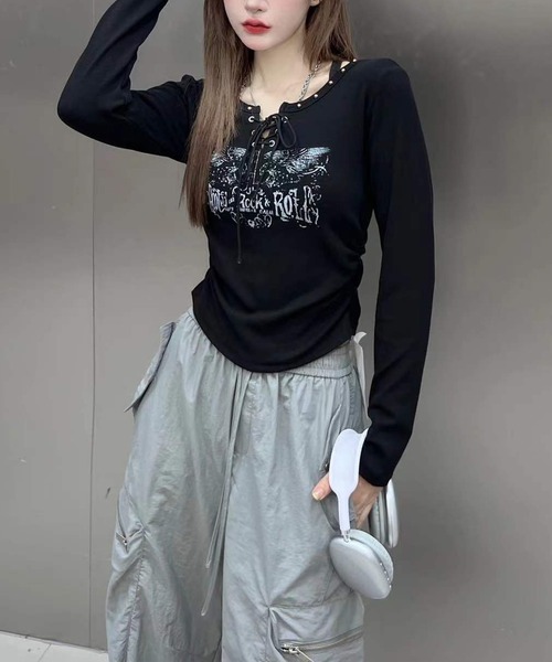 SpRay(スプレイ)の「イーグルプリントスピンドルロングTシャツ(Tシャツ/カットソー・レディース・ベージュ/ブラウン/アイボリー/ブラック/カーキ・FREE)」の8枚目の写真