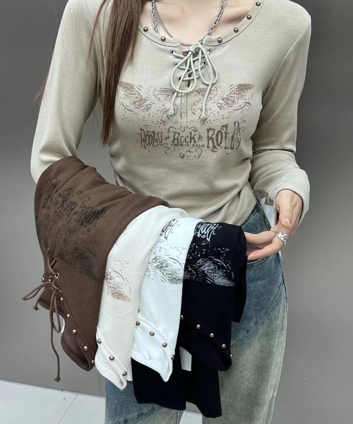 SpRay(スプレイ)の「イーグルプリントスピンドルロングTシャツ(Tシャツ/カットソー・レディース・ベージュ/ブラウン/アイボリー/ブラック/カーキ・FREE)」の9枚目の写真