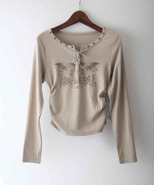 SpRay(スプレイ)の「イーグルプリントスピンドルロングTシャツ(Tシャツ/カットソー・レディース・ベージュ/ブラウン/アイボリー/ブラック/カーキ・FREE)」の10枚目の写真