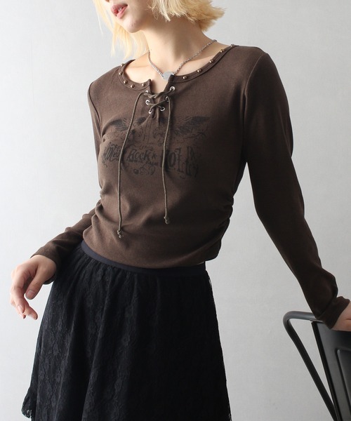 SpRay(スプレイ)の「イーグルプリントスピンドルロングTシャツ(Tシャツ/カットソー・レディース・ベージュ/ブラウン/アイボリー/ブラック/カーキ・FREE)」の20枚目の写真