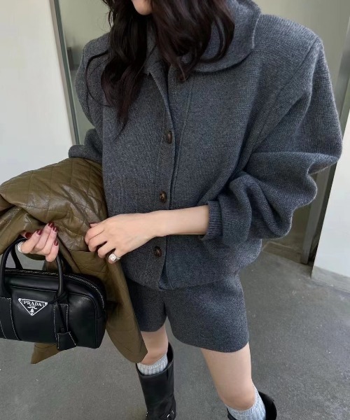 Diosfront（ディオスフロント）の「ポロ襟ニットカーディガン＆ニット短パンセットアップ（セットアップ・レディース・モカ/ブラック/チャコールグレー・FREE）」の3枚目の写真