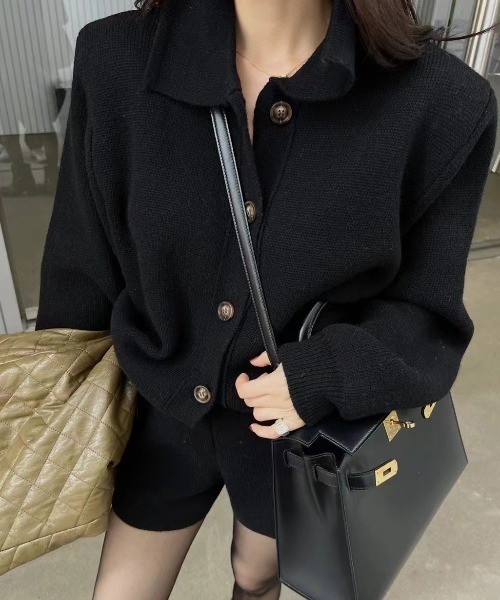 Diosfront（ディオスフロント）の「ポロ襟ニットカーディガン＆ニット短パンセットアップ（セットアップ・レディース・モカ/ブラック/チャコールグレー・FREE）」の2枚目の写真