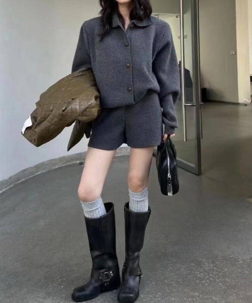 Diosfront（ディオスフロント）の「ポロ襟ニットカーディガン＆ニット短パンセットアップ（セットアップ・レディース・モカ/ブラック/チャコールグレー・FREE）」の8枚目の写真