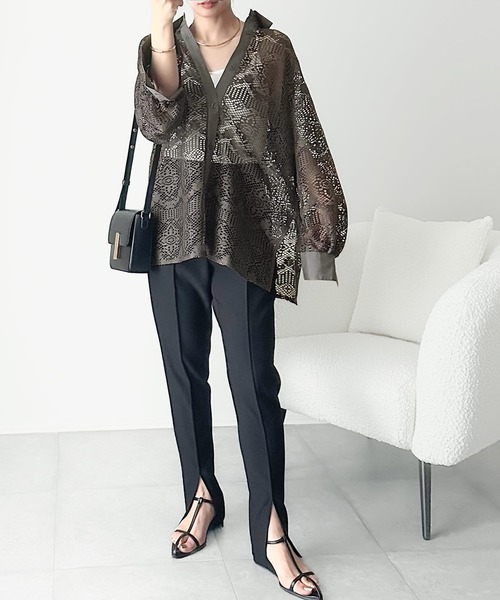 ブラウス シャツ リンクルシアーシャツ/wrinkle sheer shirt　チャコール　ブラック　大人きれいめ　カジュアル　レイヤードスタイル　か Reurie' ブラウス シャツ リンクルシアーシャツ/wrinkle sheer