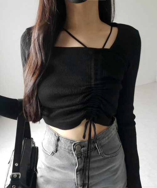me+em select(ミームセレクト)の「【 3color 】ダブルストラップシャーリングリボンリブニットトップス / double strap shirring ribbon ribbed knit tops(ニット/セーター・レディース・ホワイト/ブラック/グレー・FREE)」の17枚目の写真