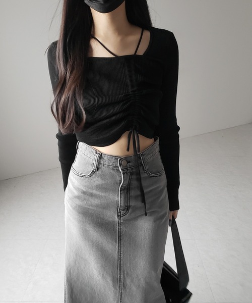 me+em select(ミームセレクト)の「【 3color 】ダブルストラップシャーリングリボンリブニットトップス / double strap shirring ribbon ribbed knit tops(ニット/セーター・レディース・ホワイト/ブラック/グレー・FREE)」の19枚目の写真