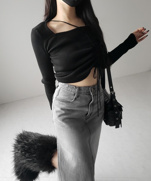 me+em select(ミームセレクト)の「【 3color 】ダブルストラップシャーリングリボンリブニットトップス / double strap shirring ribbon ribbed knit tops(ニット/セーター・レディース・ホワイト/ブラック/グレー・FREE)」の20枚目の写真