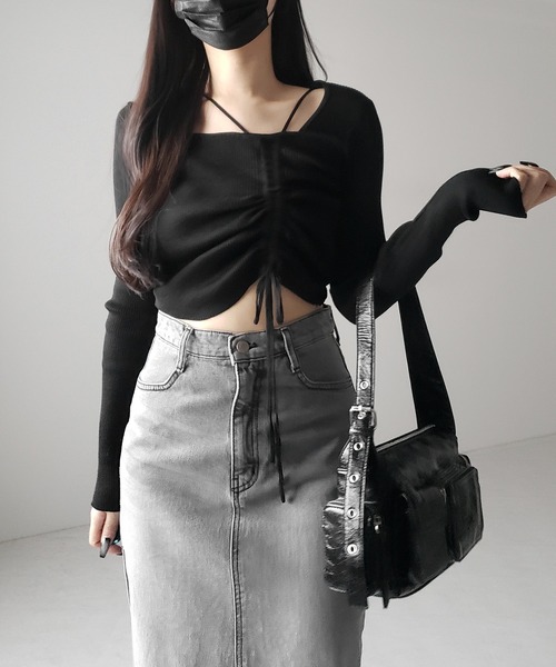me+em select(ミームセレクト)の「【 3color 】ダブルストラップシャーリングリボンリブニットトップス / double strap shirring ribbon ribbed knit tops(ニット/セーター・レディース・ホワイト/ブラック/グレー・FREE)」の21枚目の写真