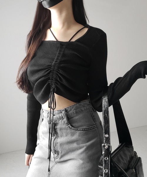 me+em select(ミームセレクト)の「【 3color 】ダブルストラップシャーリングリボンリブニットトップス / double strap shirring ribbon ribbed knit tops(ニット/セーター・レディース・ホワイト/ブラック/グレー・FREE)」の22枚目の写真