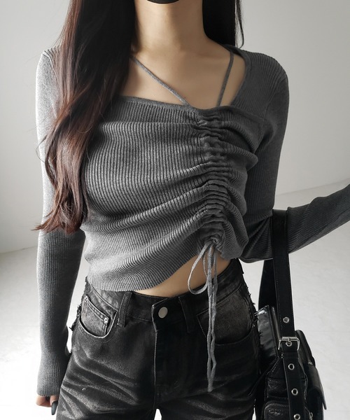 me+em select(ミームセレクト)の「【 3color 】ダブルストラップシャーリングリボンリブニットトップス / double strap shirring ribbon ribbed knit tops(ニット/セーター・レディース・ホワイト/ブラック/グレー・FREE)」の6枚目の写真