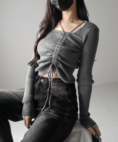 3color 】ダブルストラップシャーリングリボンリブニットトップス