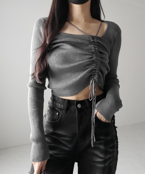 me+em select(ミームセレクト)の「【 3color 】ダブルストラップシャーリングリボンリブニットトップス / double strap shirring ribbon ribbed knit tops(ニット/セーター・レディース・ホワイト/ブラック/グレー・FREE)」の9枚目の写真