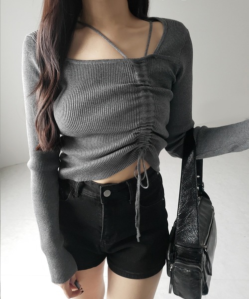 【MOILLY】STAYC Sieun着用★リボン シャーリング トップ 3color 】ダブルストラップシャーリングリボンリブニット