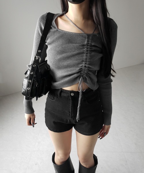 me+em select(ミームセレクト)の「【 3color 】ダブルストラップシャーリングリボンリブニットトップス / double strap shirring ribbon ribbed knit tops(ニット/セーター・レディース・ホワイト/ブラック/グレー・FREE)」の13枚目の写真