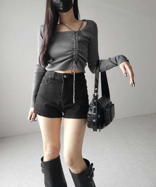 【MOILLY】STAYC Sieun着用★リボン シャーリング トップ セール】【 MINAMIさん着用 】【 3color 】ダブルストラップ